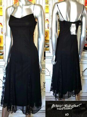 Vintage Betsey Johnson Midi Slip Dress New York 90s Black Silk Chiffon and Lace